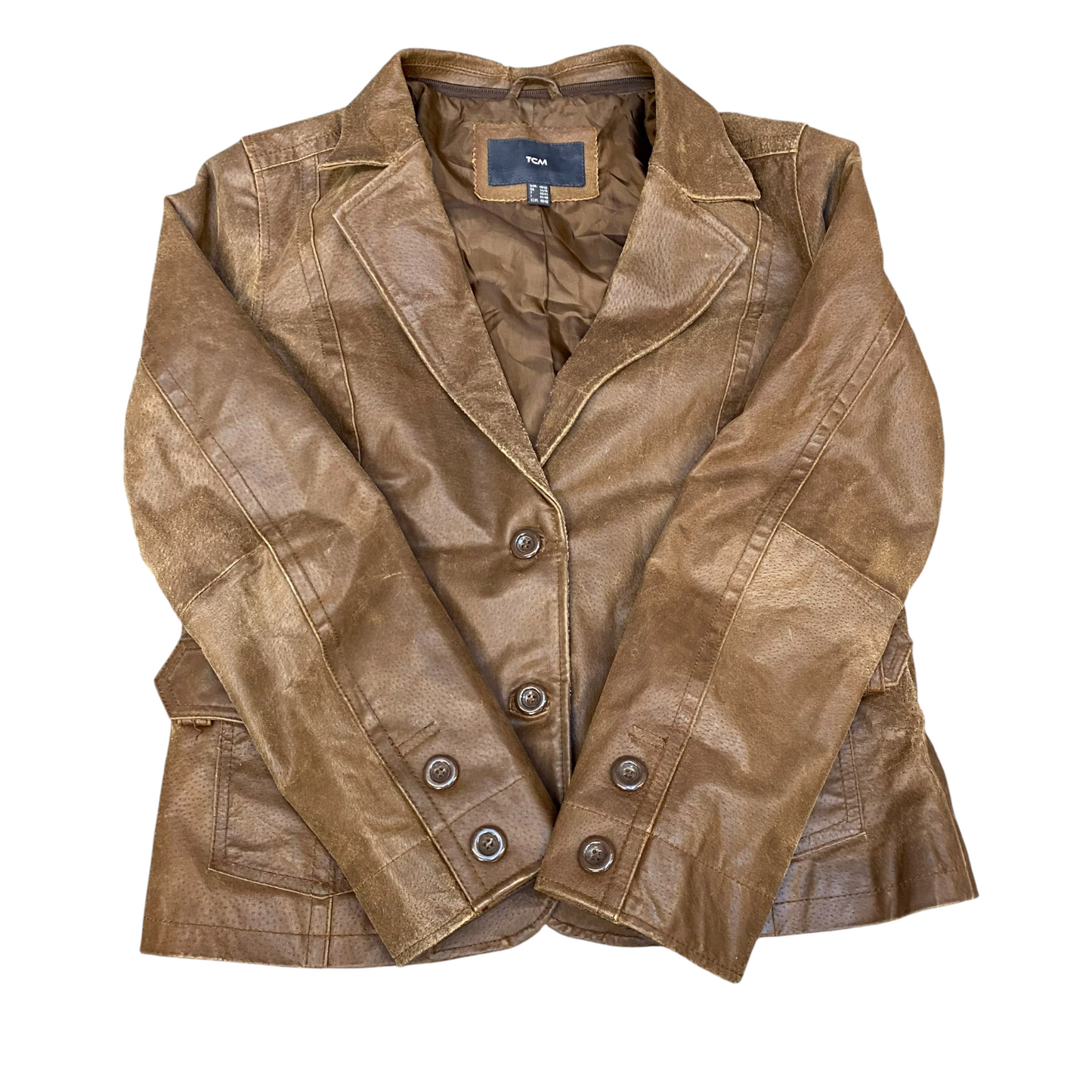 TCM Real Genuine Leather Jacket Womens Medium Brown Notch Lapel Single Breasted