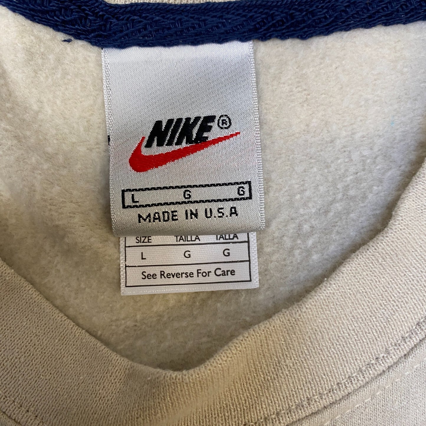 Nike Reworked Sweatshirt Mens L Navy Beige Embroidered Spellout Logo Vintage Y2K