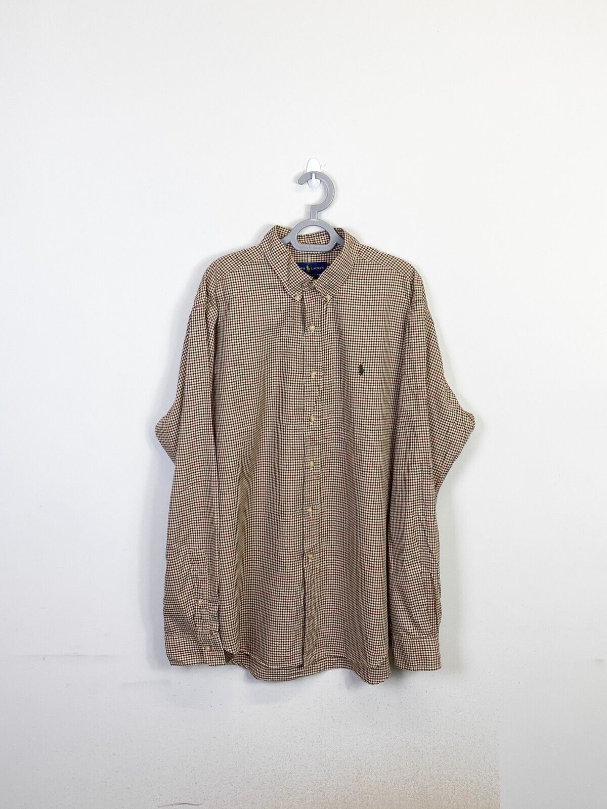 Ralph Lauren Shirt Men XL Brown Checkered Classic Fit Small Green Polo Pony Logo