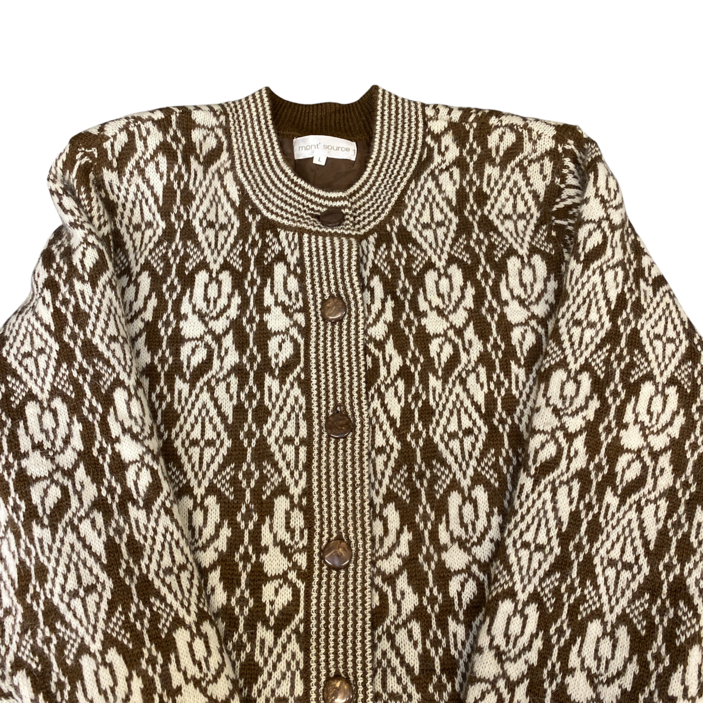 Mont' Source Cardigan Jumper Womens L Brown White Patterned Lined Button Front