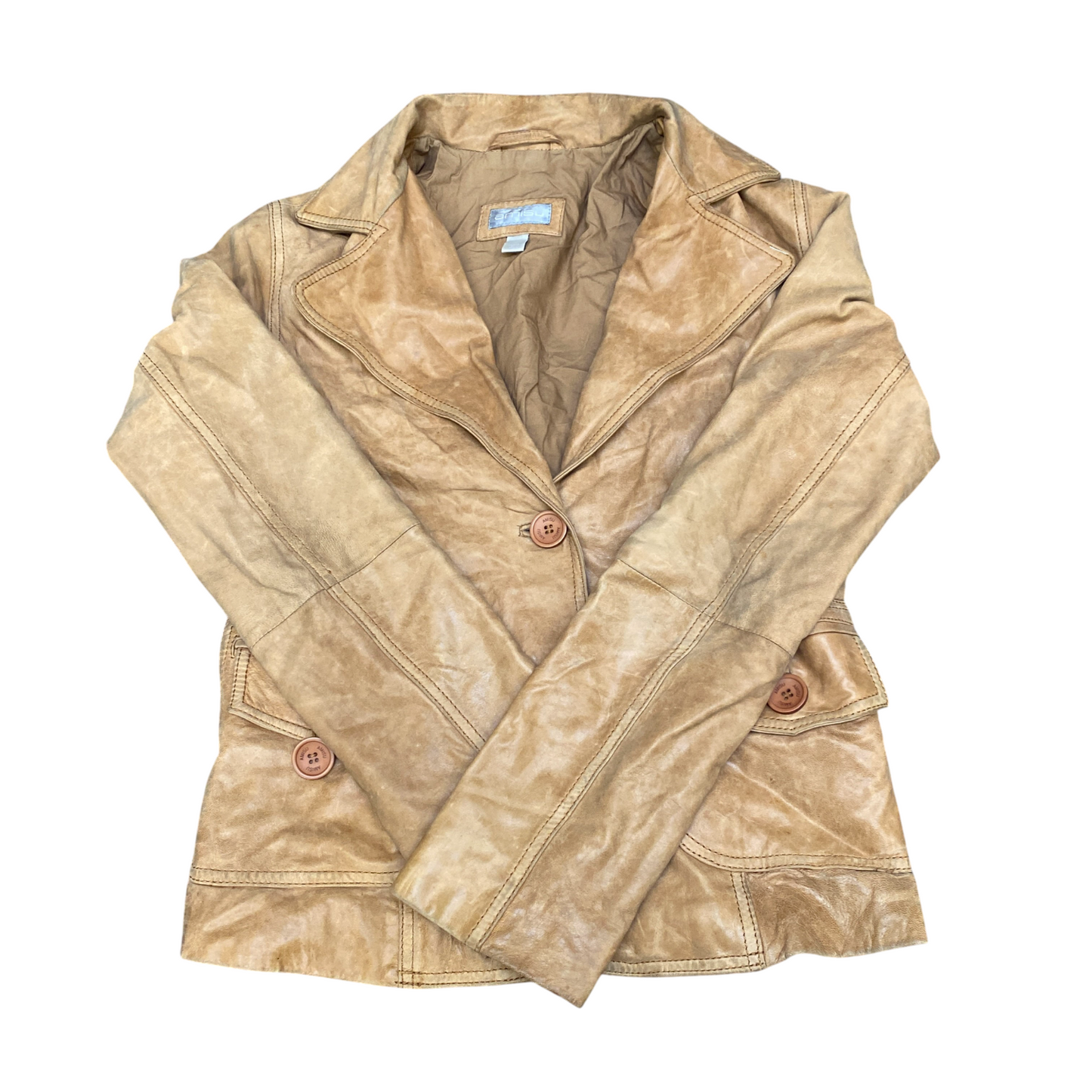 Amisu Genuine Leather Blazer Jacket Womens Medium Brown Lined Single Breasted