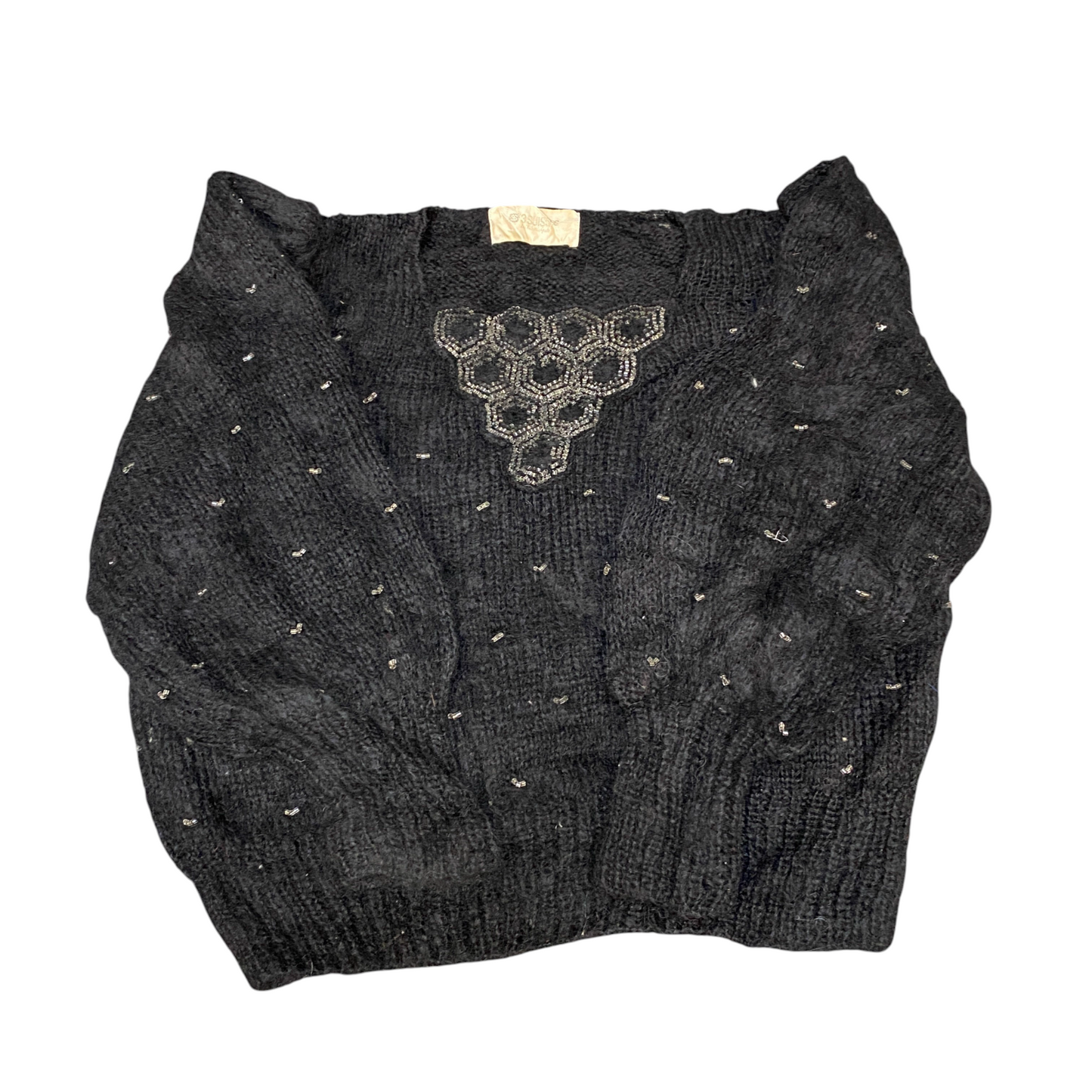 3 Suisses Pullover Jumper Womens Medium Black Embellished Long Sleeve Crewneck