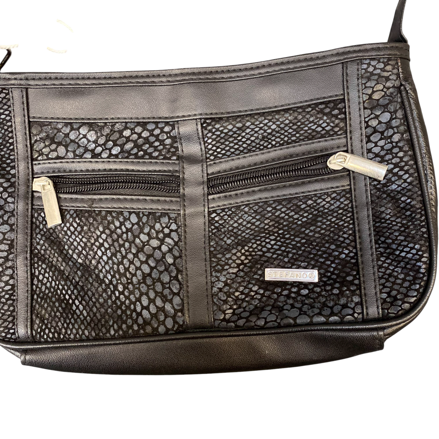 Stefano Shoulder Bag Womens Black Embossed Leather Zip Pockets Adjustable Strap