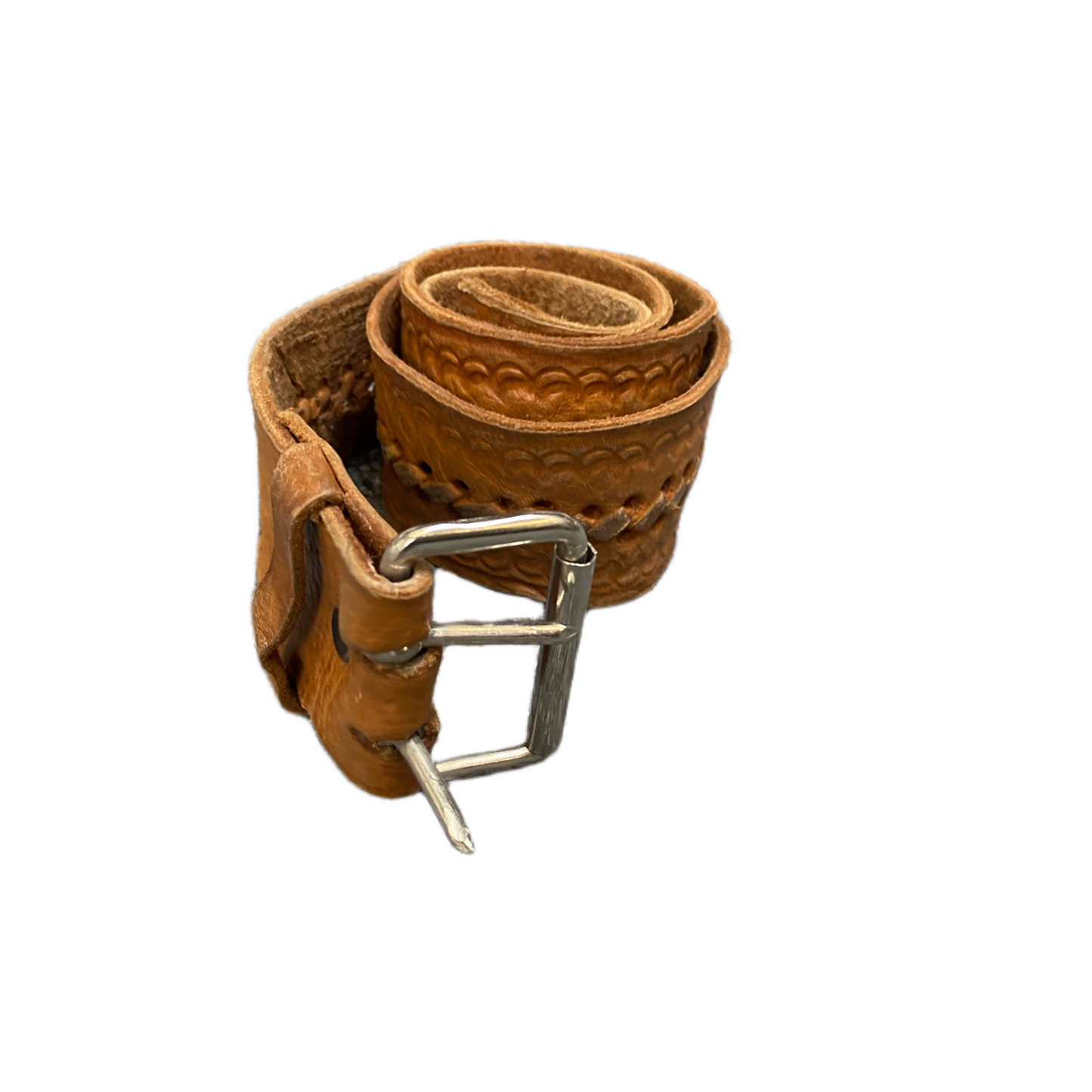 Vintage Western Belt Men Brown Leather Double-prong Silver Buckle 36.5 inches