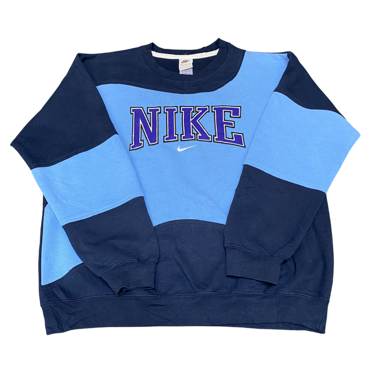 Nike Reworked Sweatshirt Mens Large Navy Blue Embroidered Spellout Logo Vtg Y2K