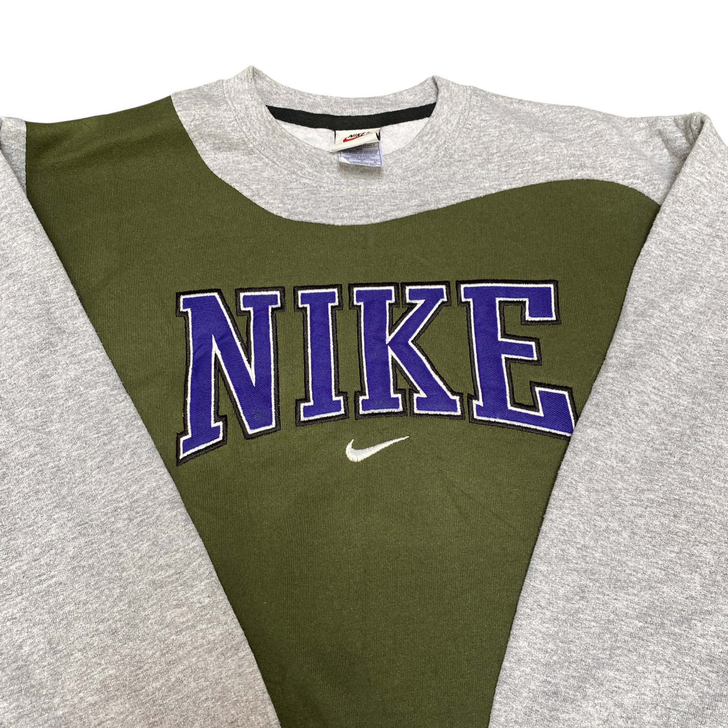 Nike Reworked Sweatshirt Mens M Green Grey Embroidered Spellout Logo Vintage Y2K