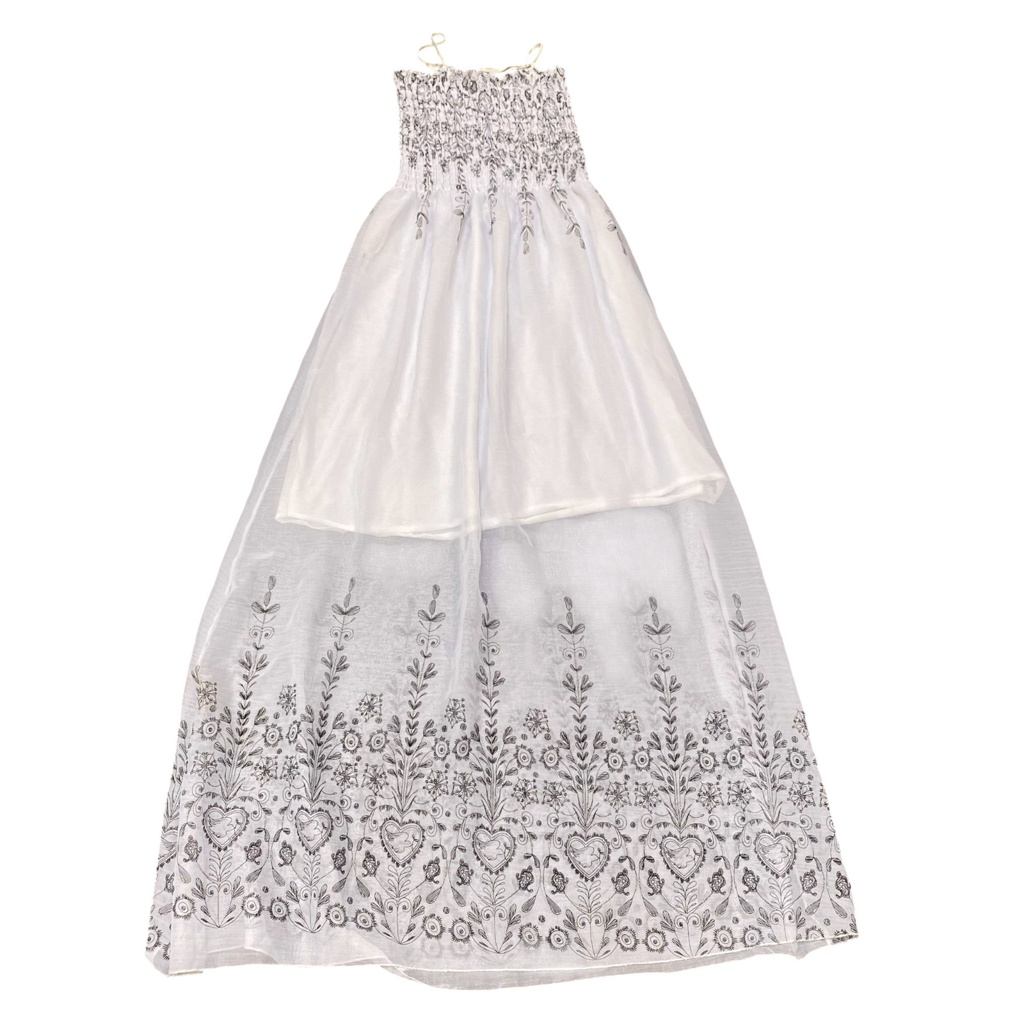 Womens Long Maxi Dress S White Floral Lined Beaded Sheer Smocked Spaghetti Strap