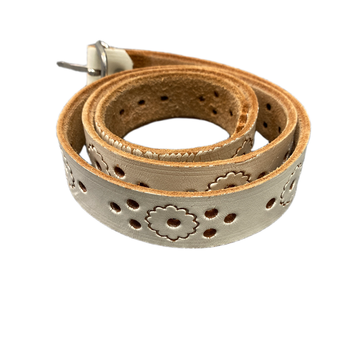 Waist Belt Womens Beige Leather Floral Adjustable Silver Pin Buckle 35.5 Inches