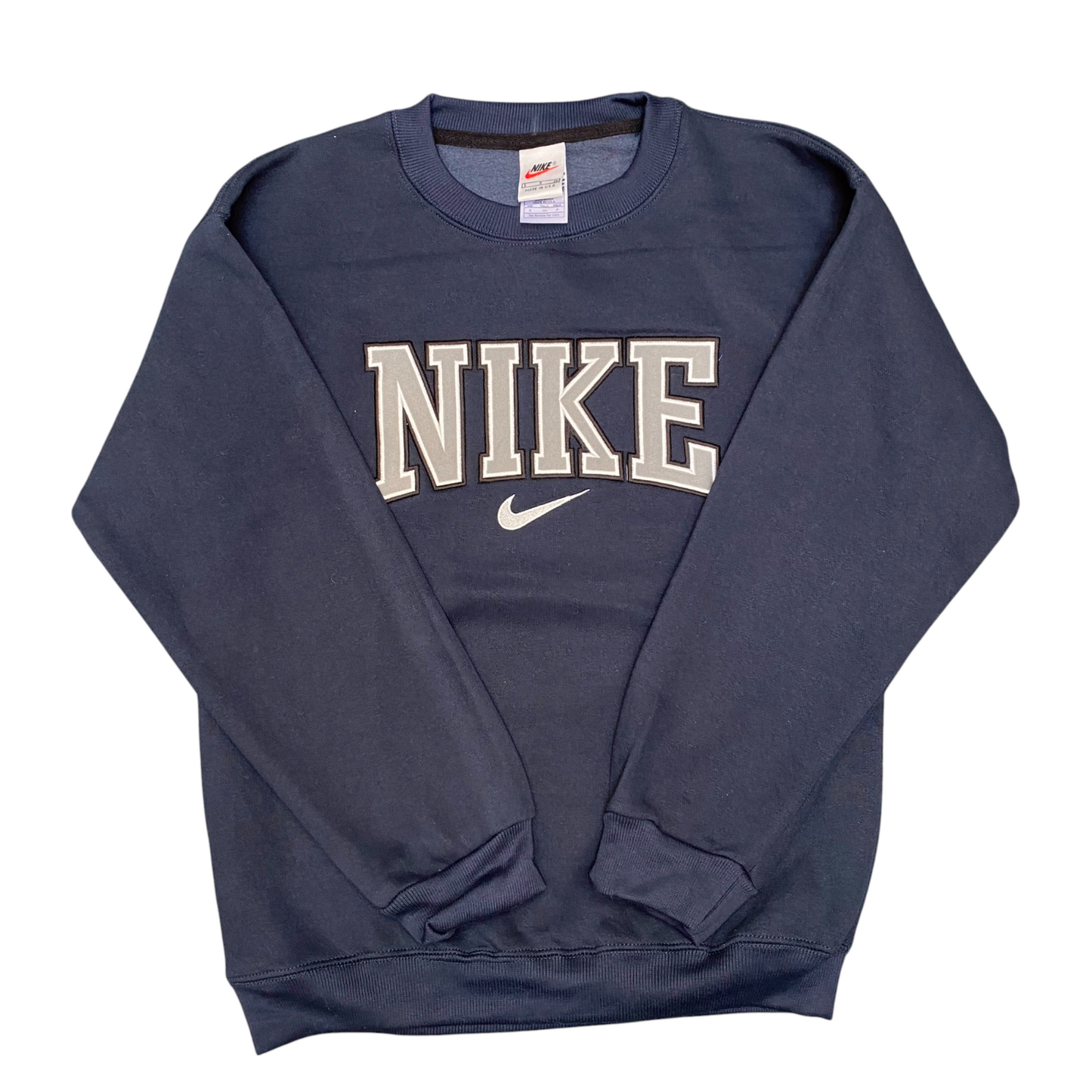 Nike Reworked Sweatshirt Mens S Blue Heather Embroidered Spellout Logo Crew Neck