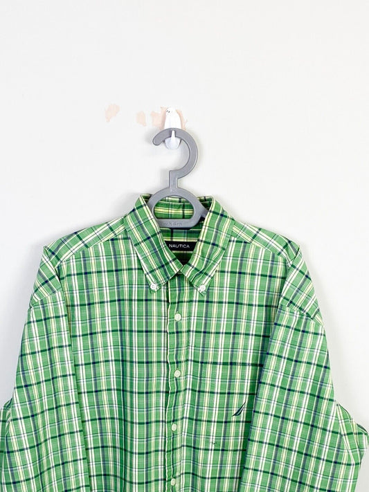 Nautica Shirt Mens XL Green Plaid 80s Two-Ply Cotton Collared Casual Button Down