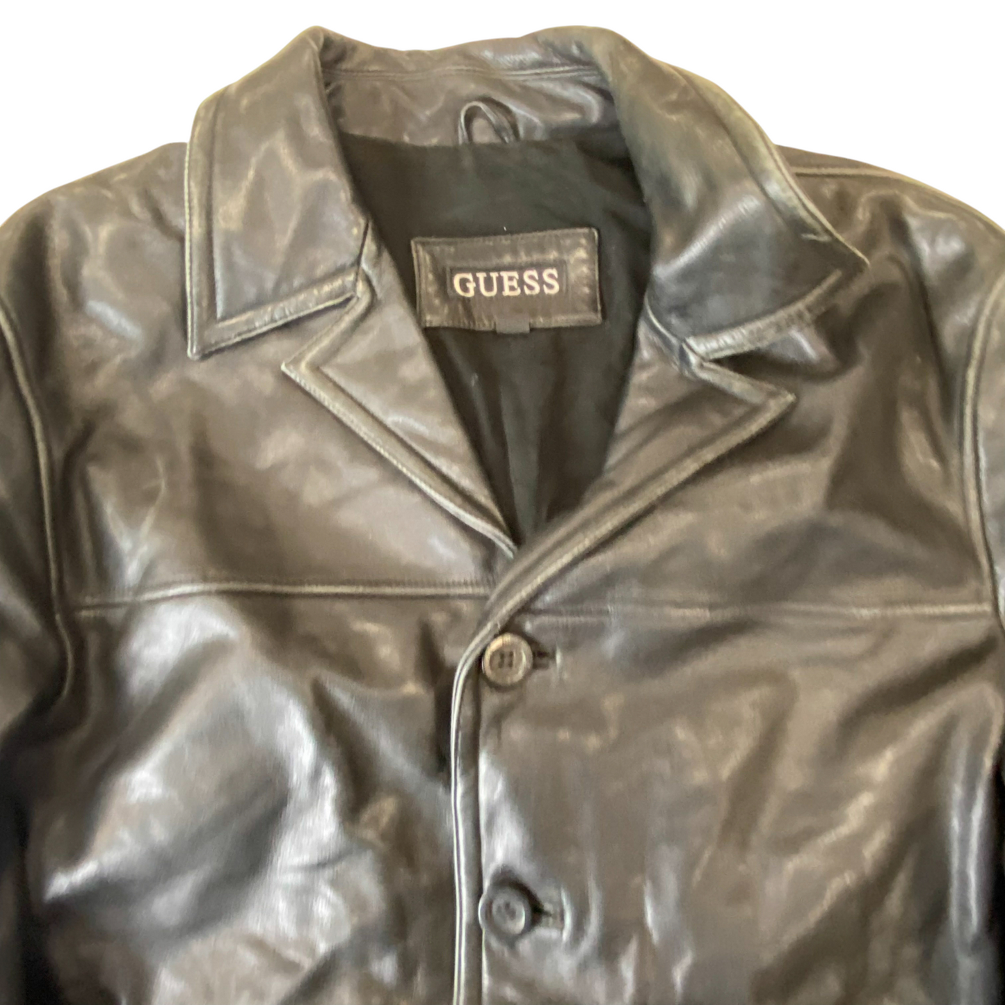 Guess Faux Leather Jacket Men Medium Black Long Sleeve Notch Collar Button Front