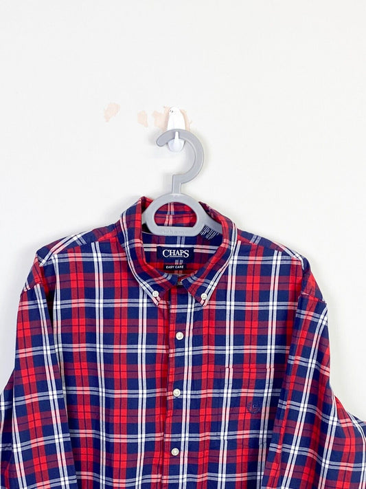 Chaps Shirt Mens Large Red Plaid Easy Care Pockets Collared Casual Button Down