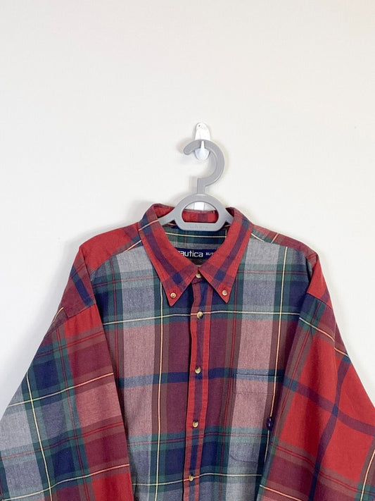 Nautica Shirt Mens XL Red Plaid Cotton Casual Long Sleeve Collared Button Down