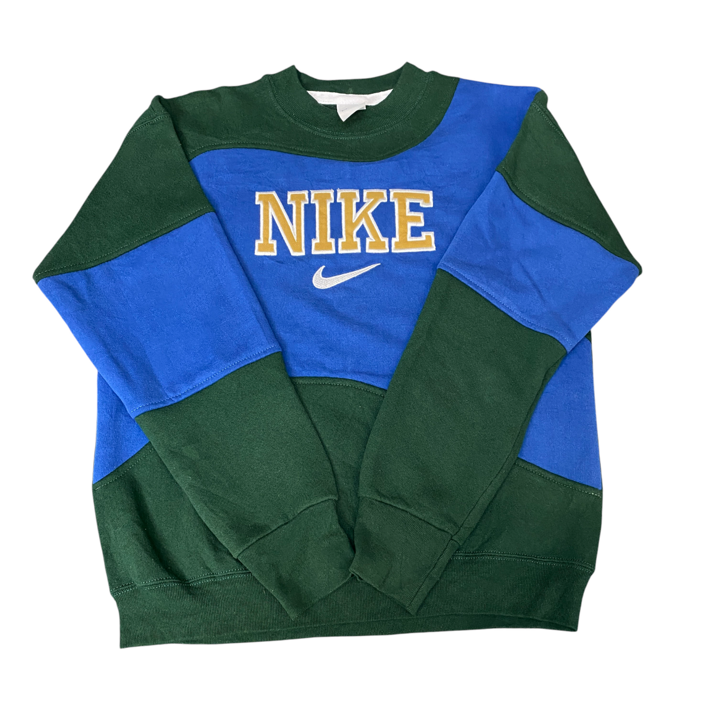 Nike Reworked Sweatshirt Mens Small Green Blue Embroidered Spellout Logo Vtg Y2K