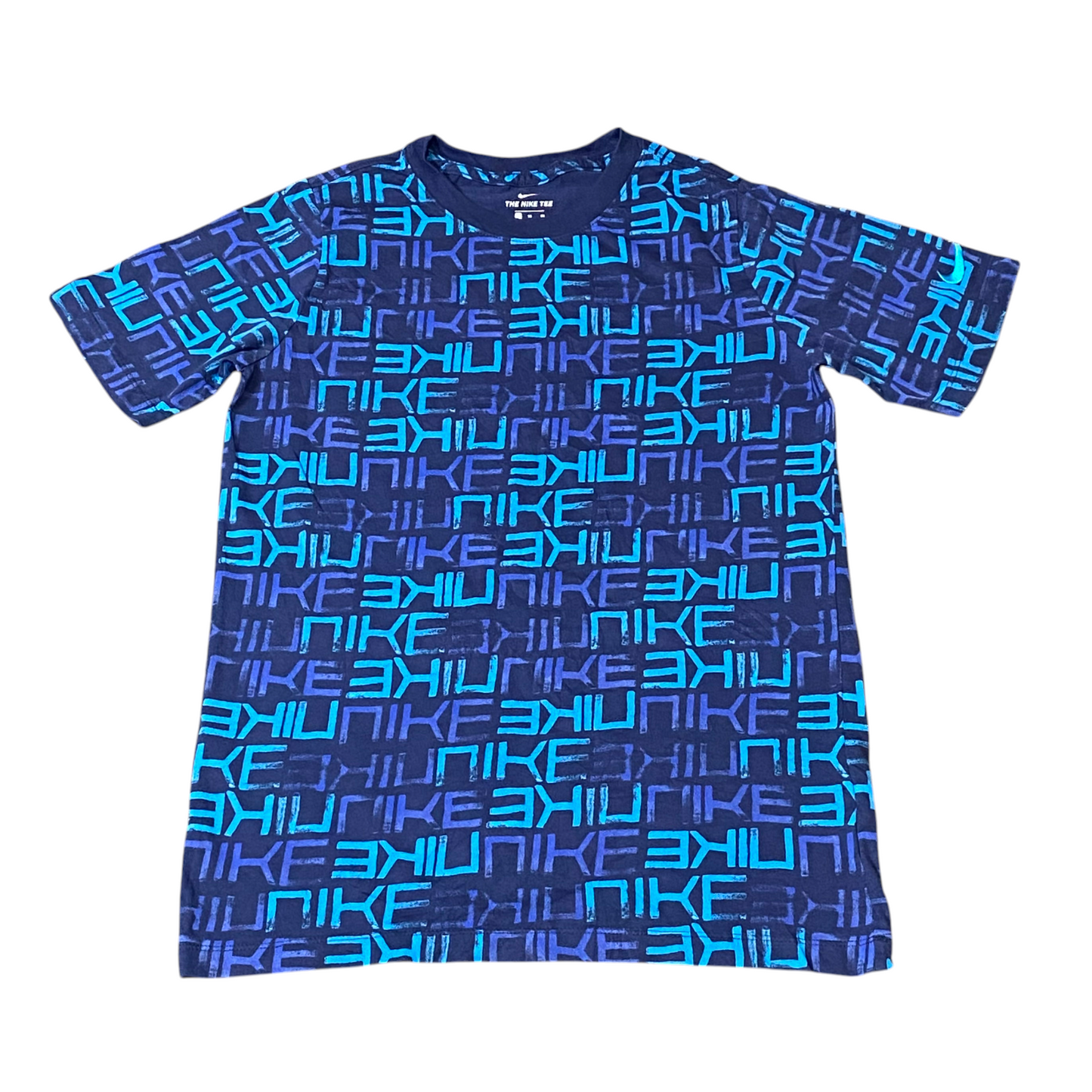 Nike Tee Shirt Womens XL Blue Short Sleeve All Over Nike Print Crewneck Athletic