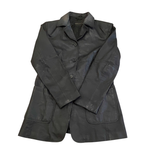 Jacket Womens L Black Genuine Leather Long Sleeve Notch Button Front Outdoor