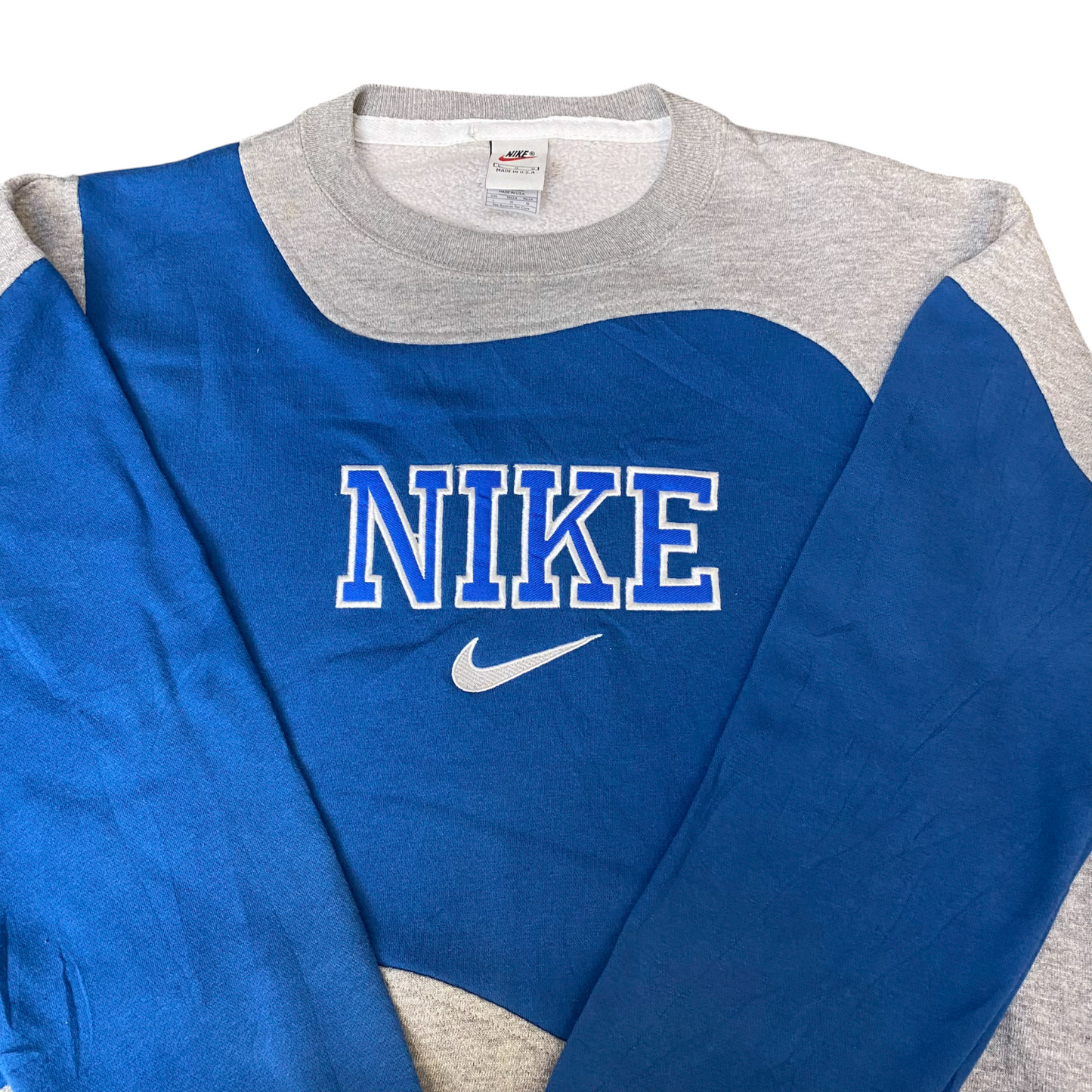 Nike Reworked Sweatshirt Mens L Blue Grey Embroidered Spellout Logo Vintage Y2K
