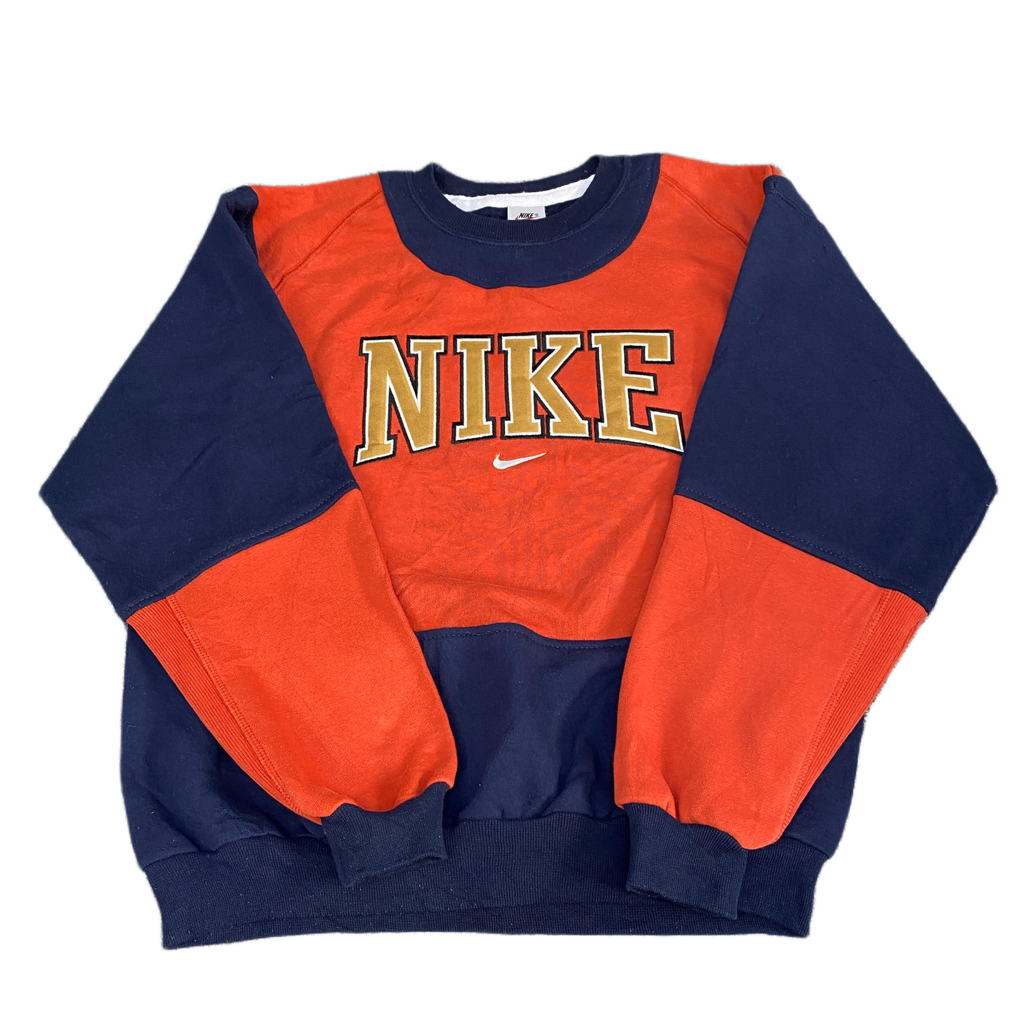 Nike Reworked Sweatshirt Men M Navy Orange Embroidered Spellout Logo Vintage Y2K