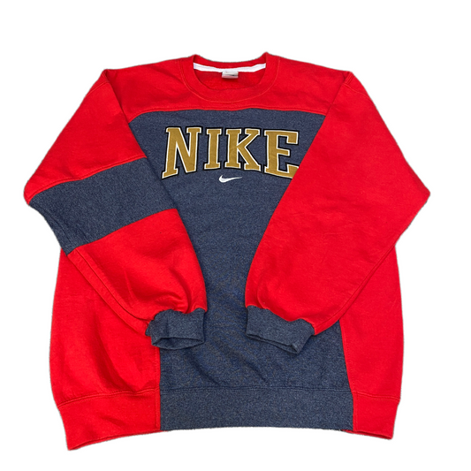 Nike Reworked Sweatshirt Mens L Red Grey Embroidered Spellout Logo Vintage Y2K