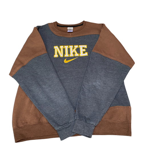 Nike Reworked Sweatshirt Mens M Grey Brown Embroidered Spellout Logo Vintage Y2K