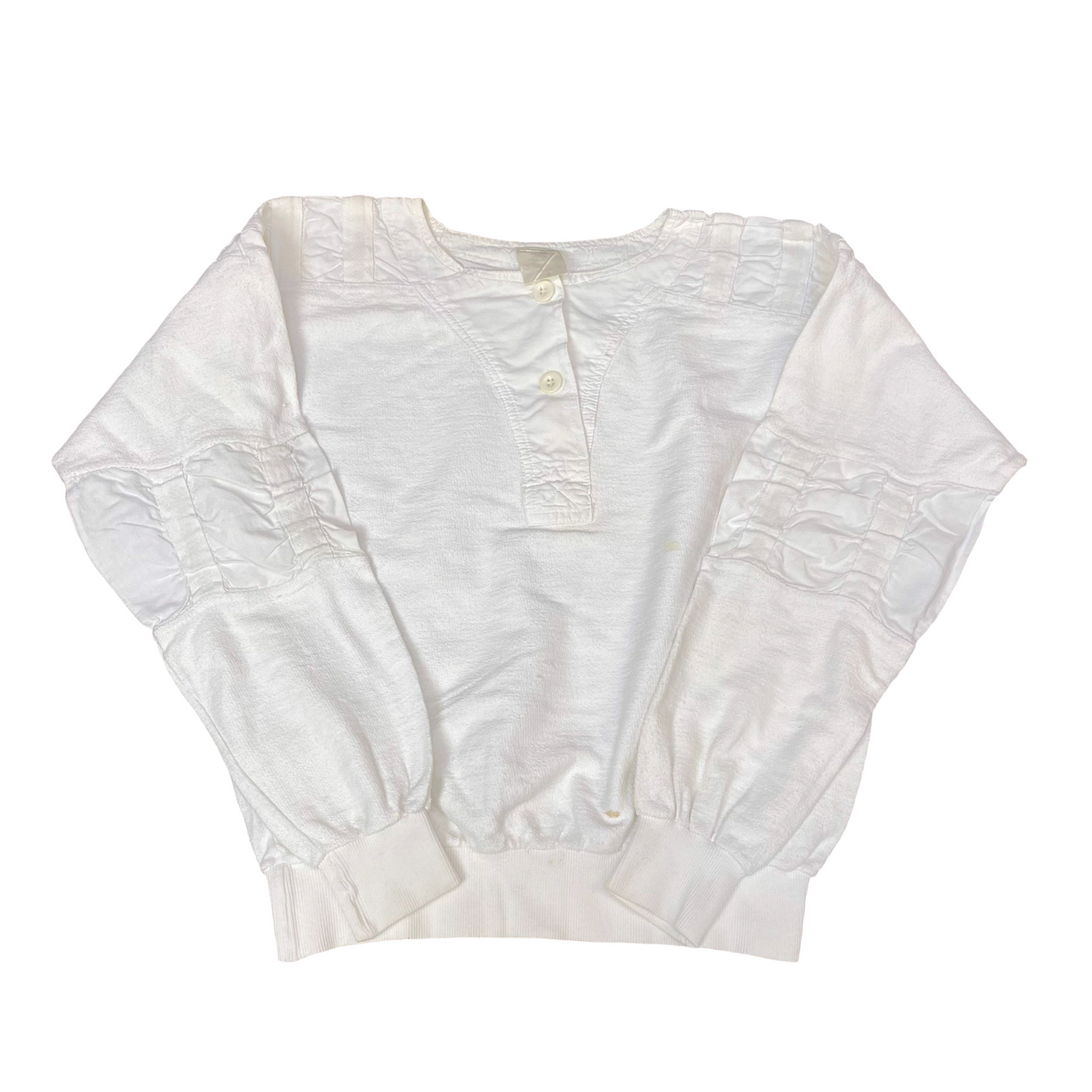 Jumper Womens Large White Patch Work Long Raglan Sleeve 1/4 Buttons Pullover