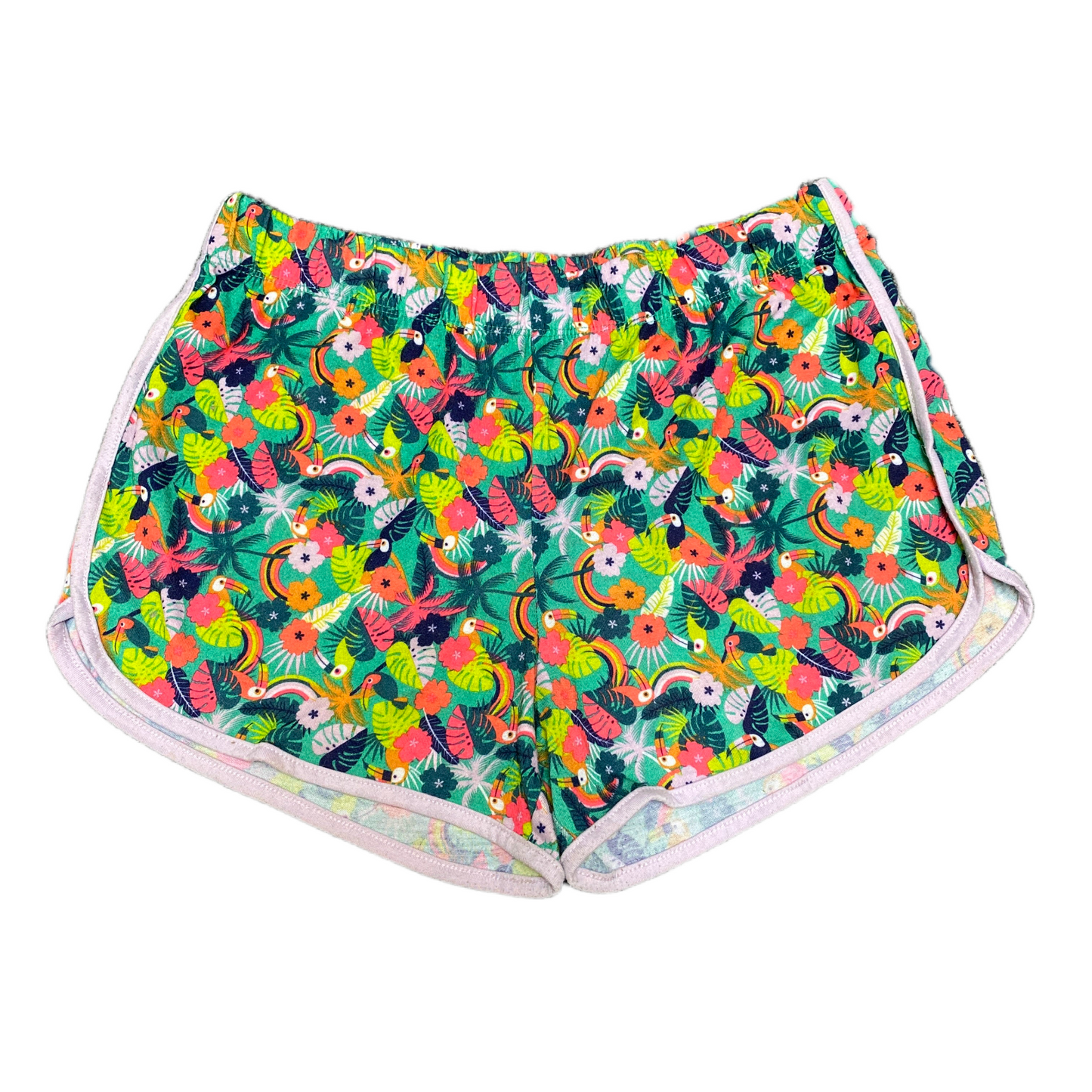 Pajama Shorts Womens XL 28" Waist Multi Tropical Toucan Bird Stretch Dolphin Hem
