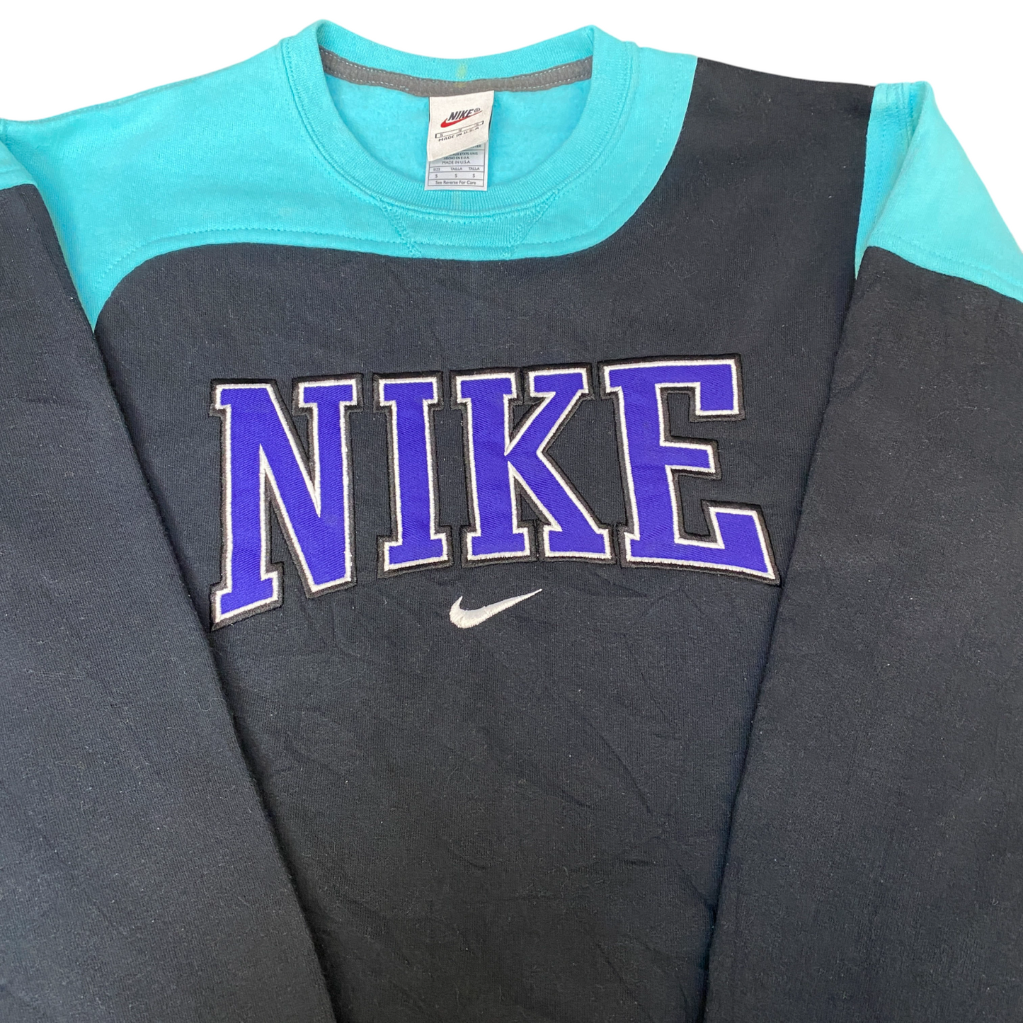 Nike Reworked Sweatshirt Mens S Aqua Black Embroidered Spellout Logo Vintage Y2K