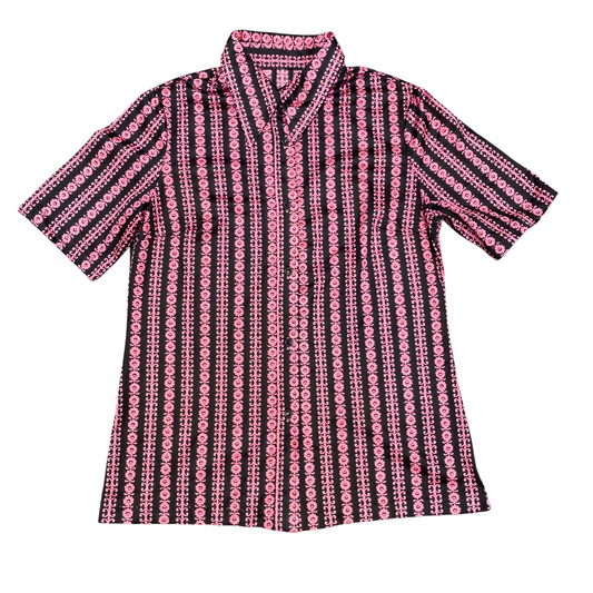 Womens Shirt Top S Black Pink Floral Casual Short Sleeve Collared Button Down