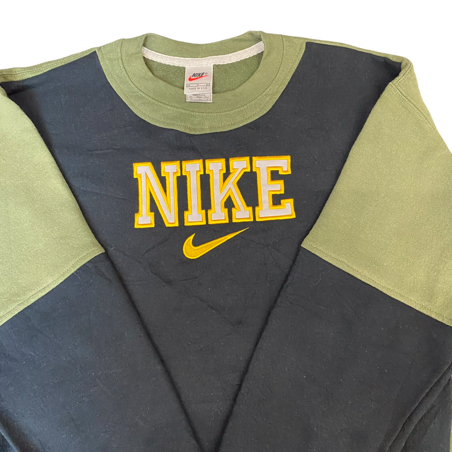 Nike Reworked Sweatshirt Men M Black Green Embroidered Spellout Logo Vintage Y2K