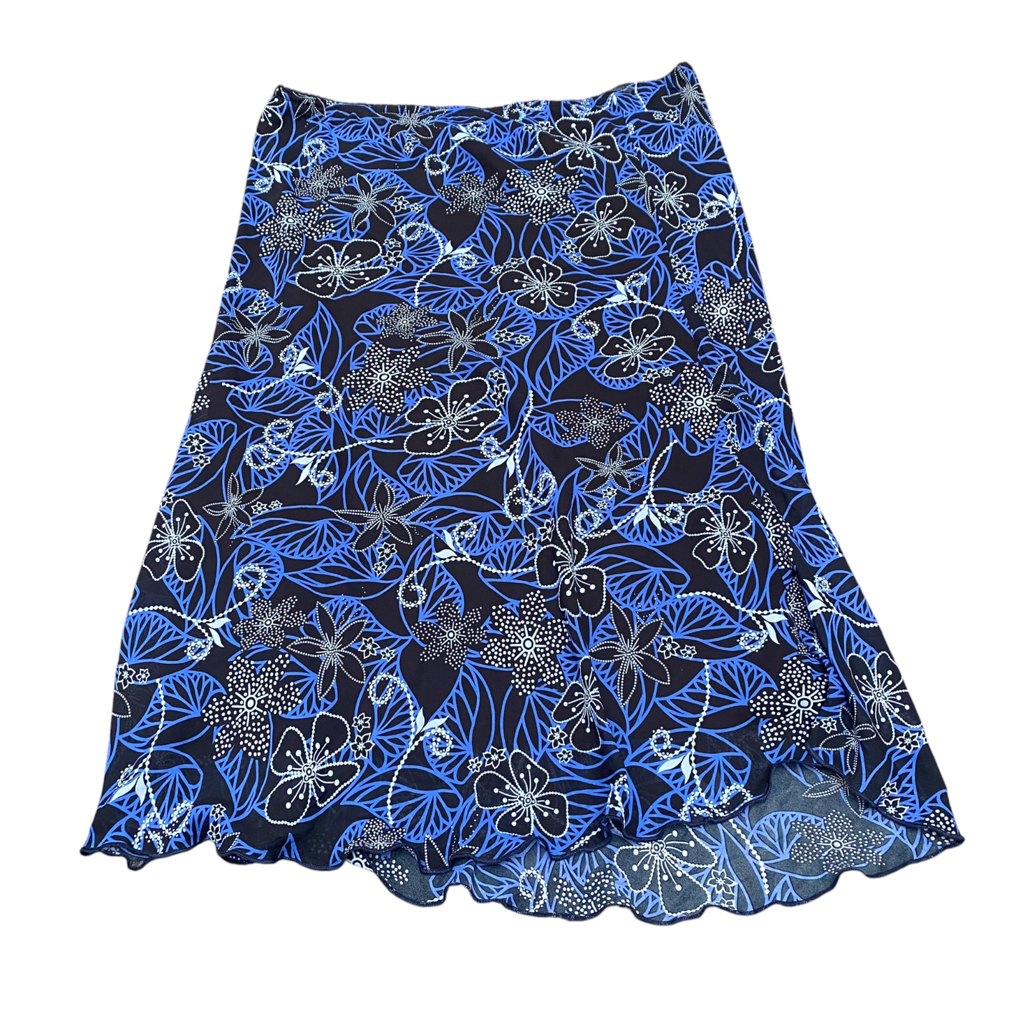Daxon A-Line Maxi Skirt Womens L Black Blue Floral Print Lined Elastic Waist