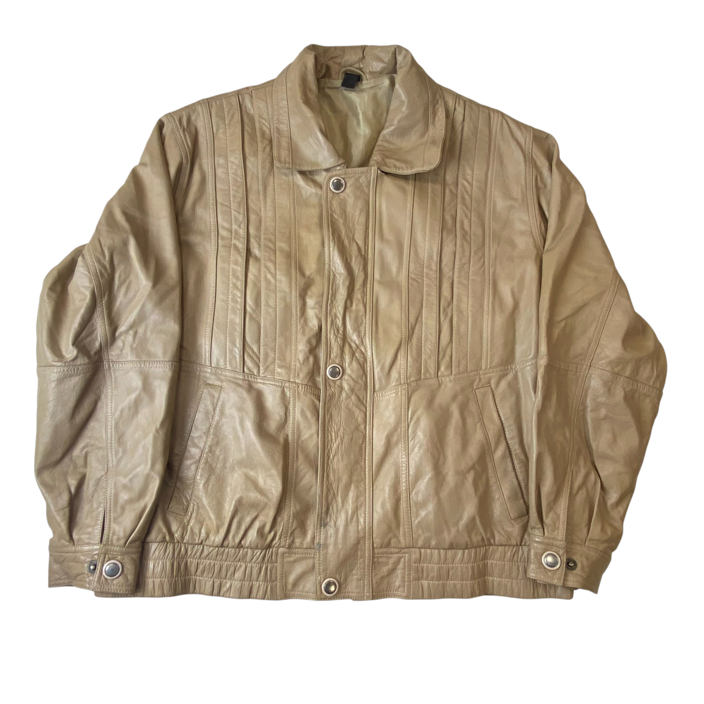 Mens Faux Leather Jacket Medium Beige Lined Collared Button Front Inside Zip