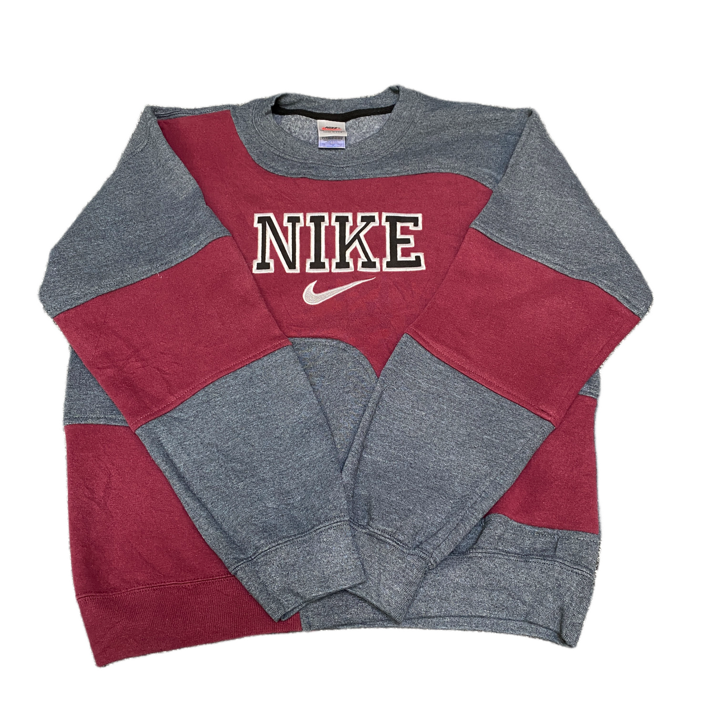 Nike Reworked Sweatshirt Mens M Burgundy Grey Embroidered Spellout Logo Vtg Y2K