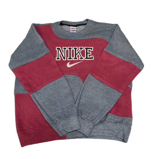 Nike Reworked Sweatshirt Mens M Burgundy Grey Embroidered Spellout Logo Vtg Y2K