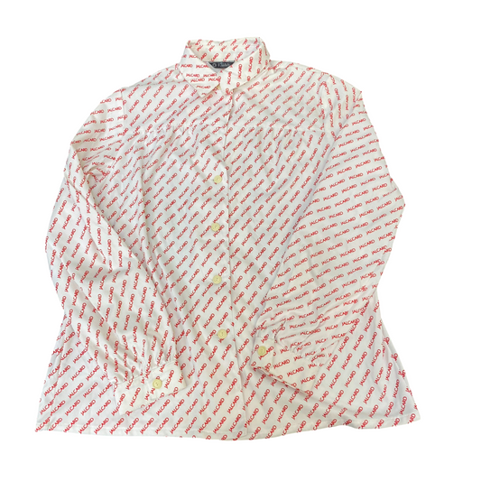 Kintetsu Button Up Shirt Womens M White Red Graphic Print Long Sleeve Collared