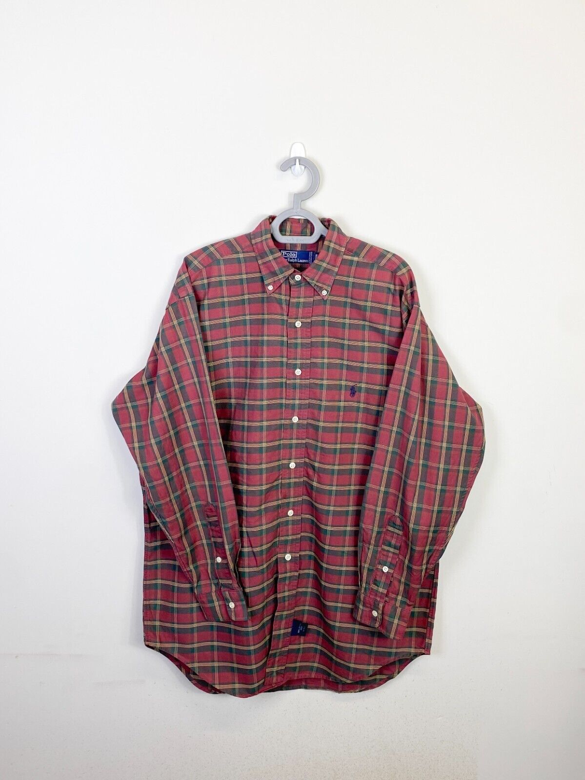 Ralph Lauren Shirt Mens Medium Red Plaid Long Sleeve Blue Small Polo Pony Logo