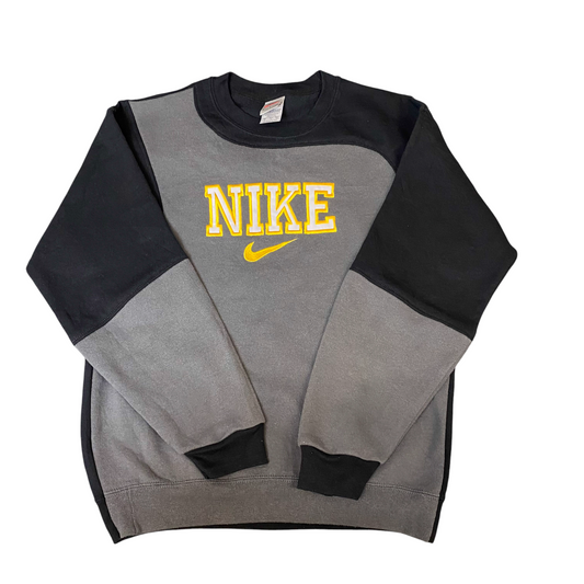 Nike Reworked Sweatshirt Mens Small Black Grey Embroidered Spellout Logo Vtg Y2K