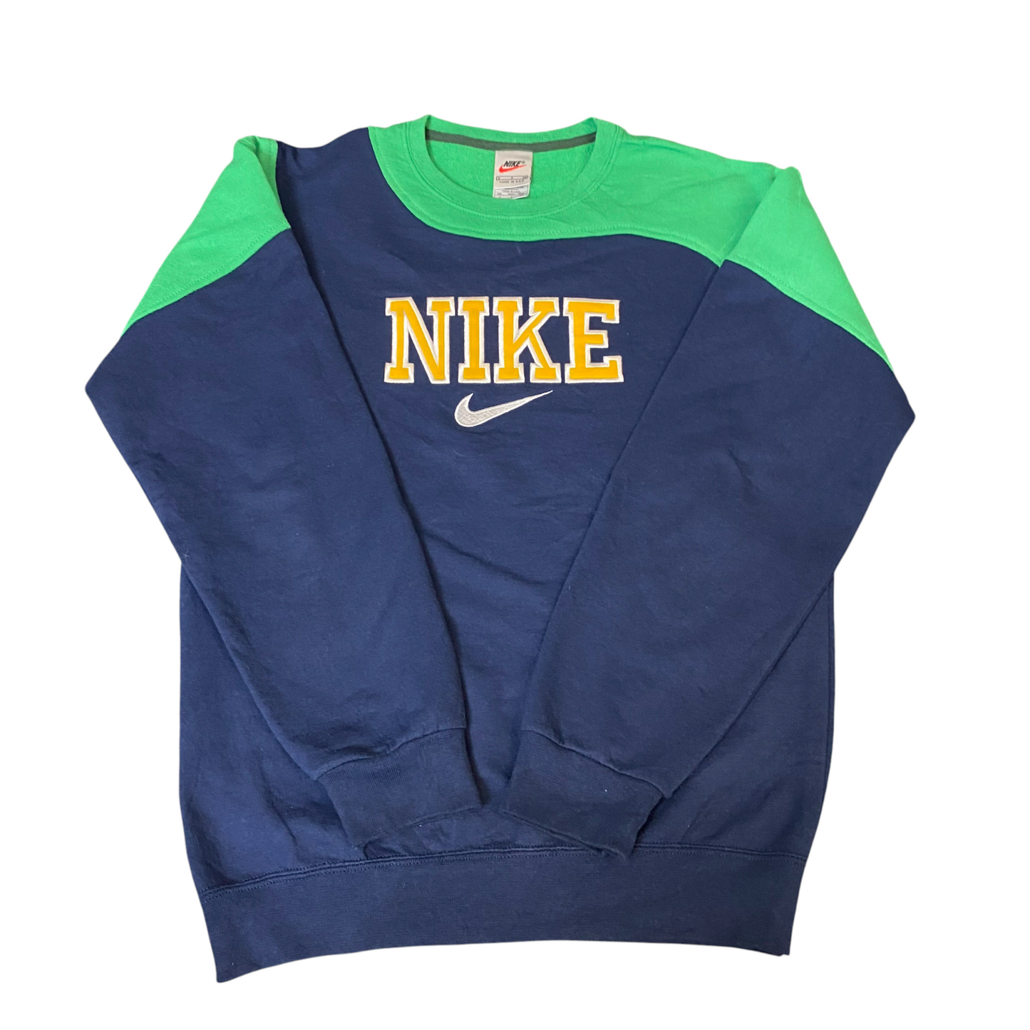 Nike Reworked Sweatshirt Mens Small Navy Green Embroidered Spellout Logo Vtg Y2K