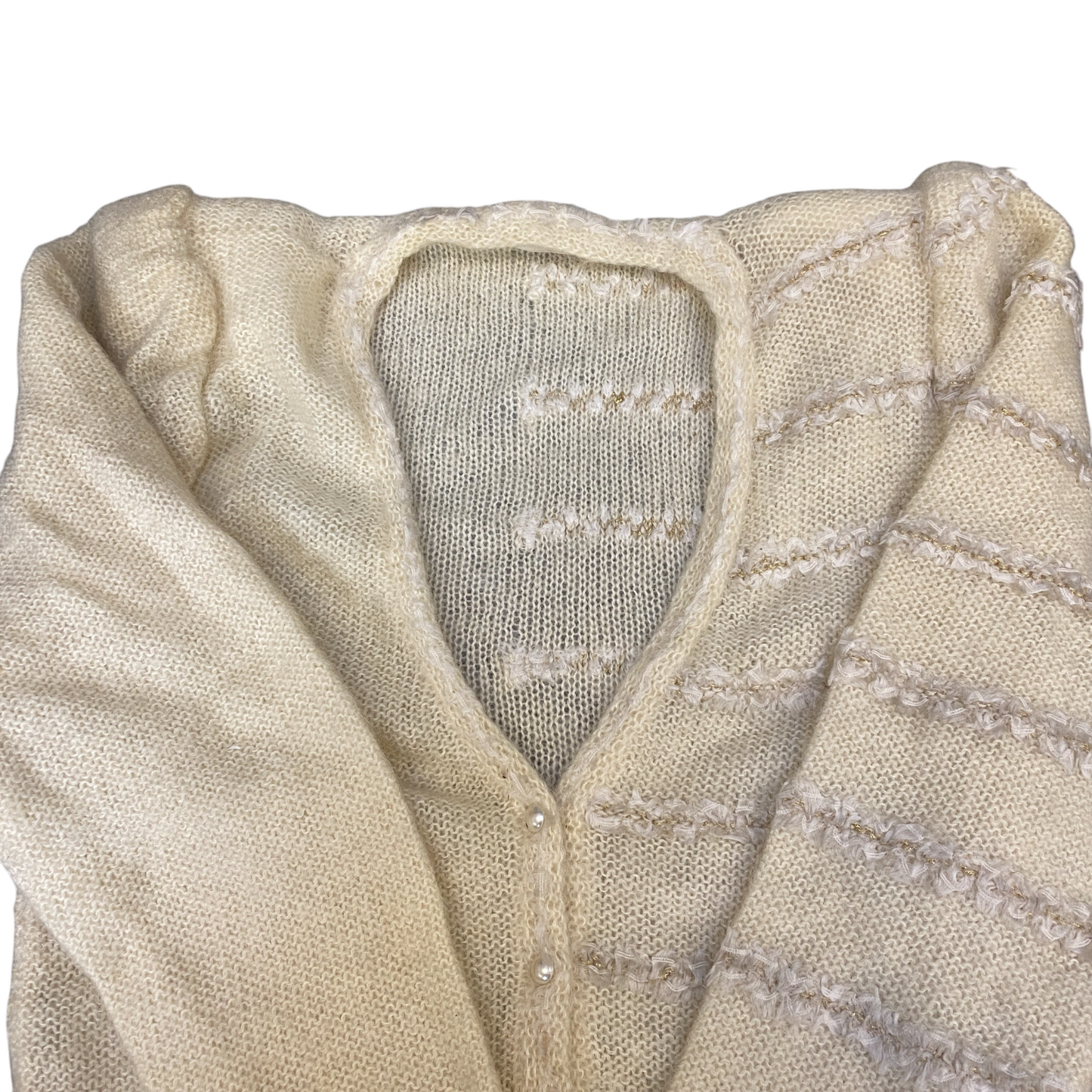 Womens Cardigan Jumper Medium Beige Fuzzy Knit Long Sleeve V Neck Pearl Button