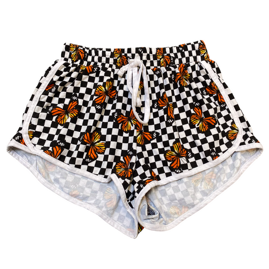 Justify Swim Shorts Womens Small Black White Checkered Floral Stretch Drawstring