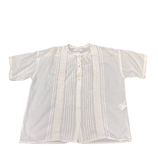 Shirt Top Womens L White Short Sleeve Lace Pintuck Detail Button Down Outdoor
