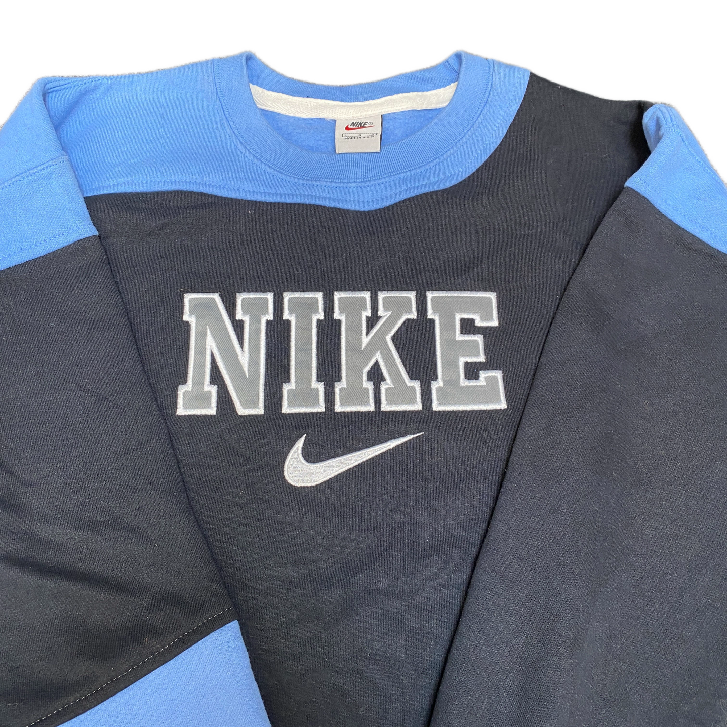 Nike Reworked Sweatshirt Mens L Black Blue Embroidered Spellout Logo Vintage Y2K
