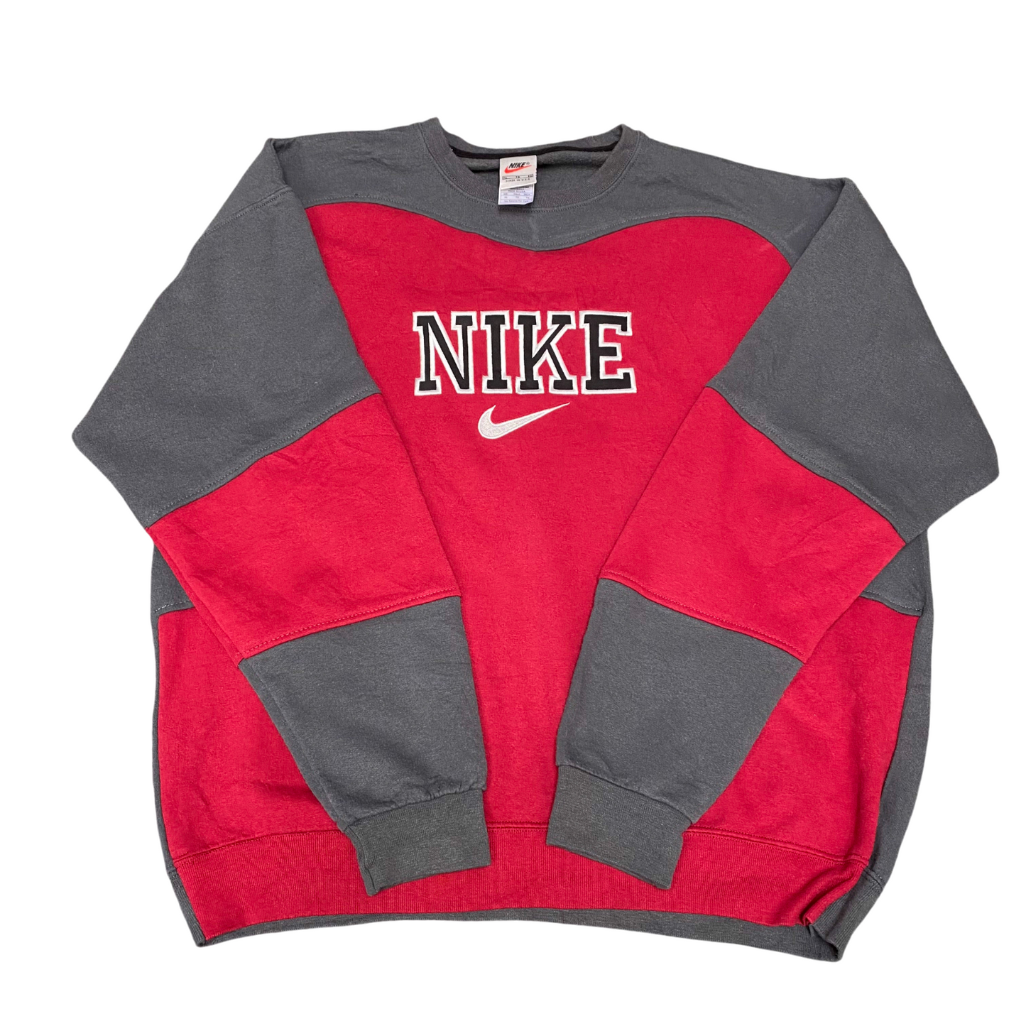 Nike Reworked Sweatshirt Mens XL Grey Red Embroidered Spell Out Logo Pullover