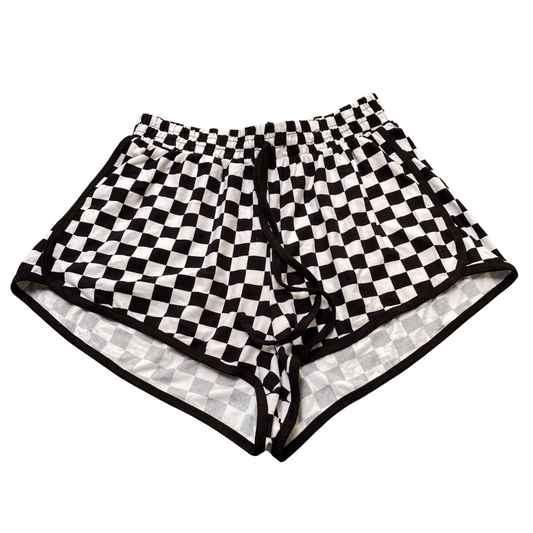 Womens Sprinter Running Shorts 24W Black White Checkered Elastic Waist Athletic