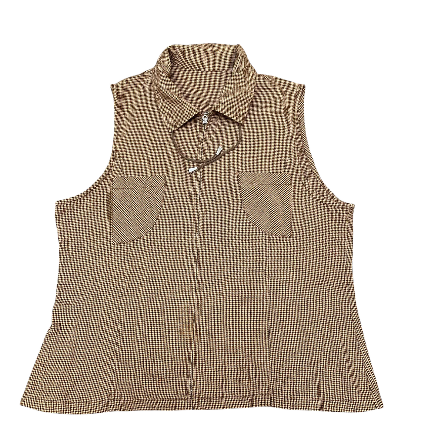 Womens Vest M Brown Houndstooth Casual Sleeveless Pockets Collared Full Zipper