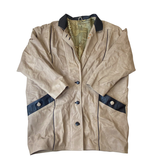 Womens Faux Leather Coat Large Beige Lined Long Sleeve Collared Button Front