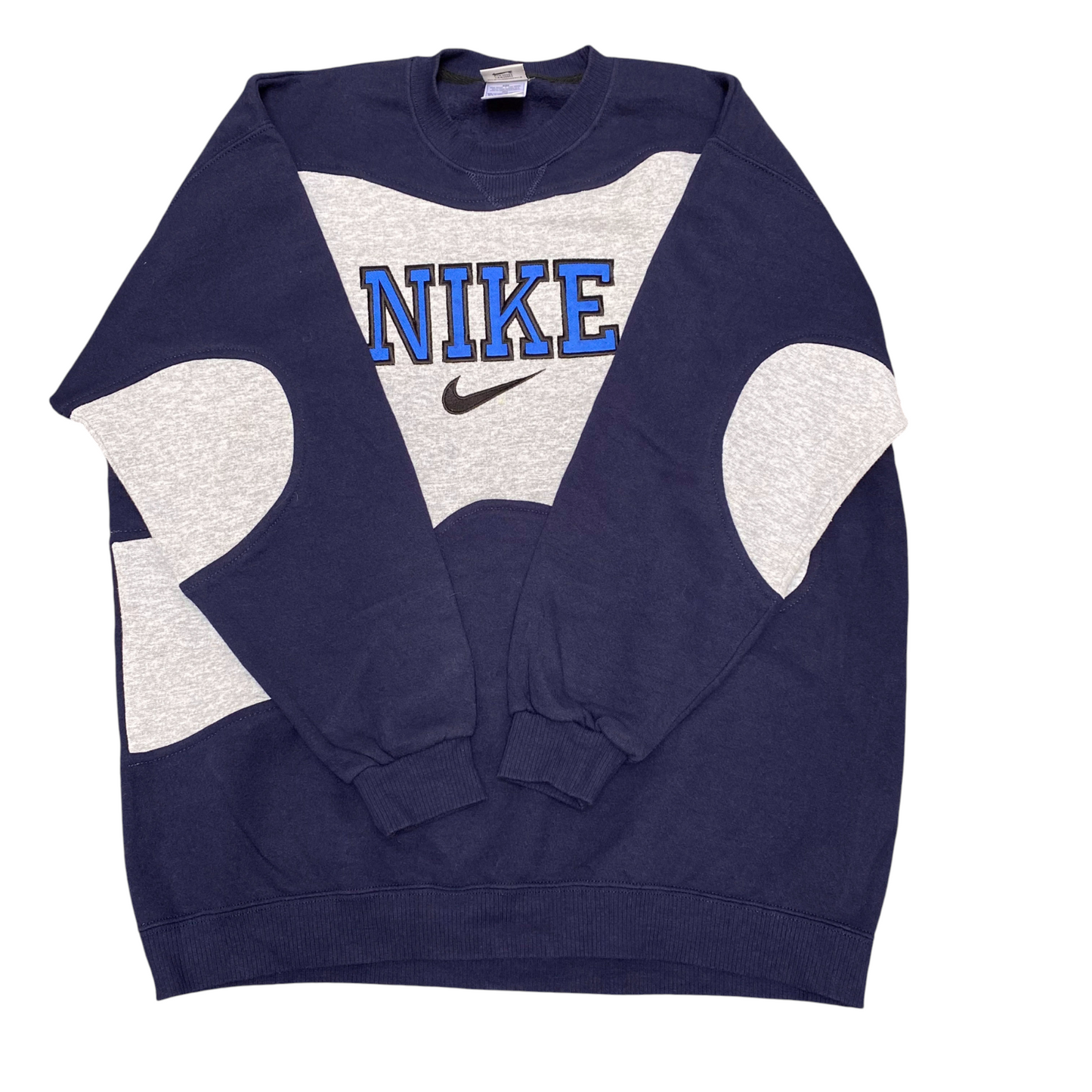 Nike Reworked Sweatshirt Mens L Blue Grey Embroidered Spellout Logo Crew Neck