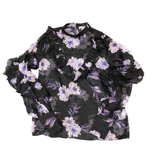 Sheer Top Womens XS Black Purple Floral Pleated Long Sleeve Keyhole Back