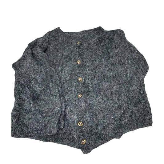 Womens Cardigan Jumper Large Grey Fuzzy Mohair Knit Long Sleeve Button Front