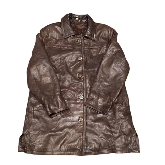 Womens Leather Jacket Large Brown Long Sleeve Quilted Lined Collar Button Front