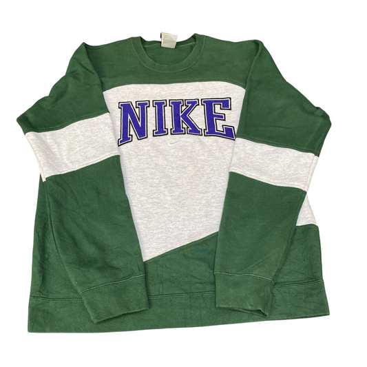 Nike Reworked Sweatshirt Mens M Green Grey Embroidered Spellout Logo Vintage Y2K